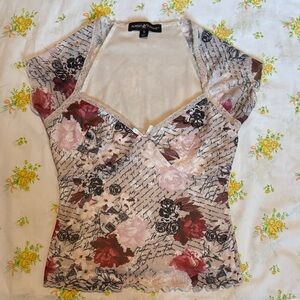 Almost Famous Y2k Script & Floral Lined Mesh Lace Detail Top